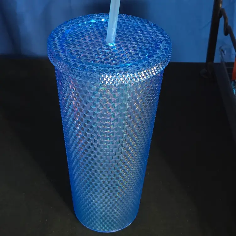 Blue Iridescent Diamond Tumbler with Straw 24oz