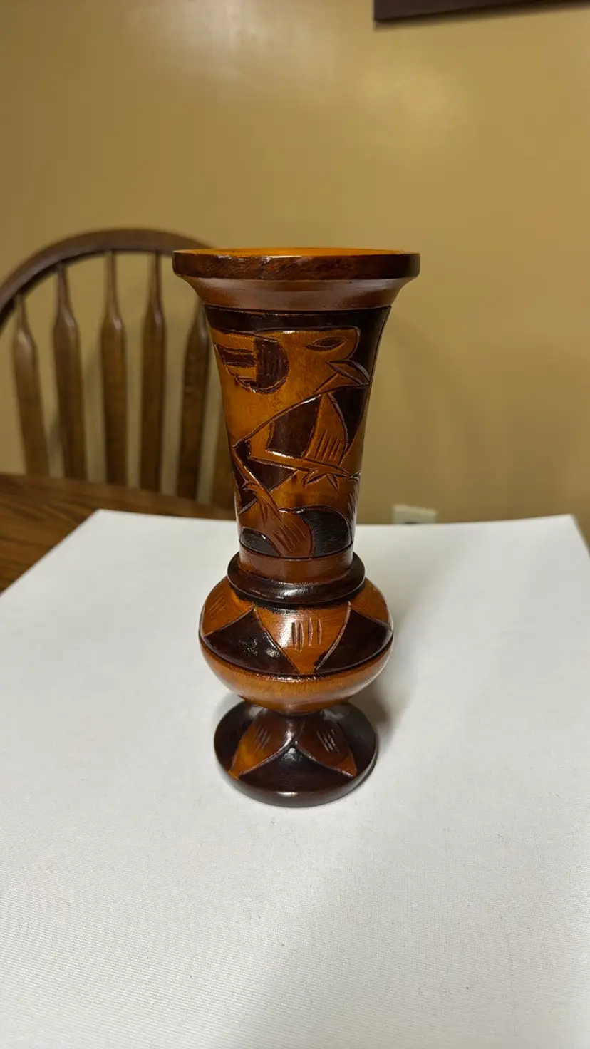Wood Vase Hand Turned Carved Flowers & Bird Design 9 inches