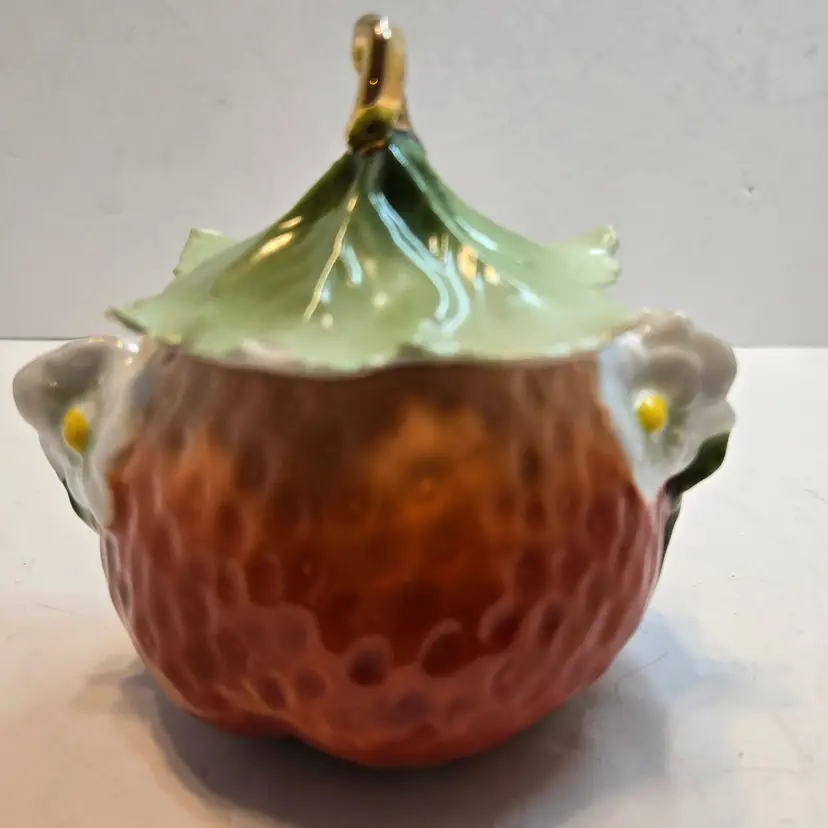 Vintage Ceramic Strawberry Trinket Box / Lidded Jar - Orange with Green Leaves & Flowers