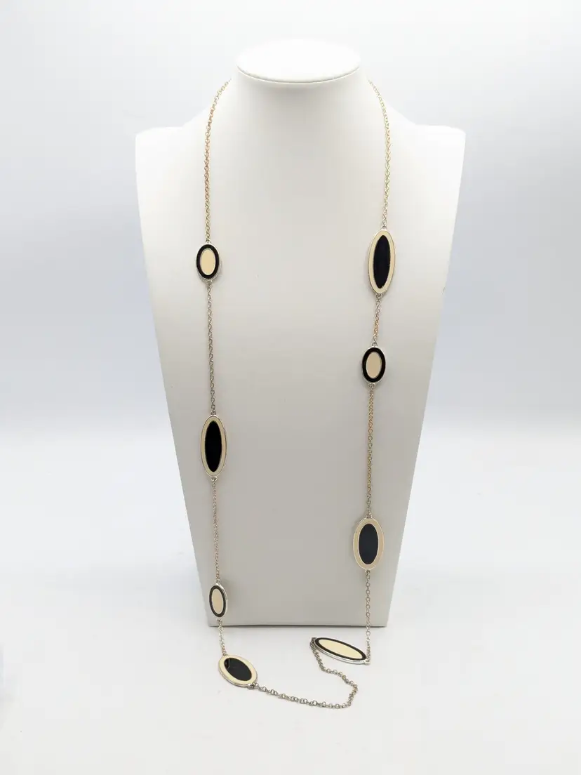 Silver Tone Black and White Enamel Chain Necklace