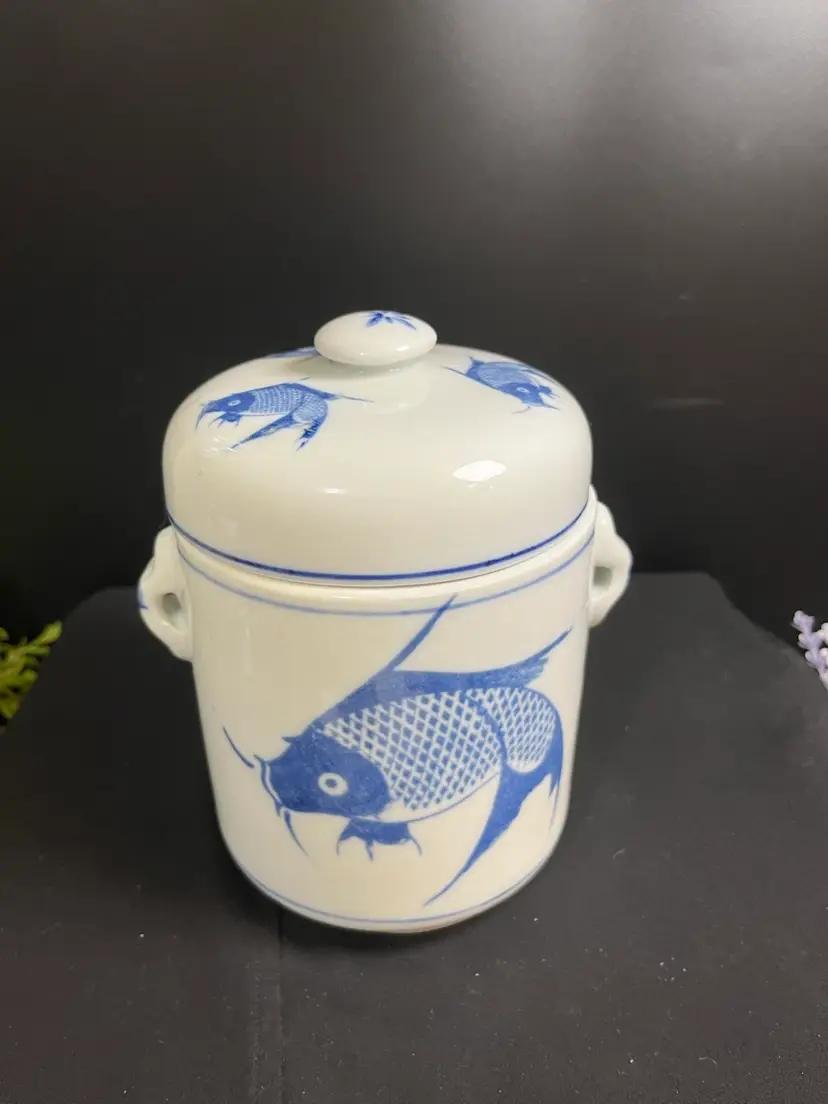 Pier 1-Ginger, Tea or Tobacco Canister or Jar featuring Blue Koi Fish w/ Lid & 2 Small Handles-Lot 56