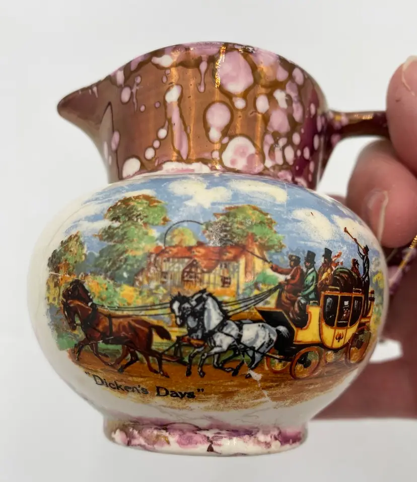 Vtg. Gray's Pottery (England), Purple/Pink Splashed Luster Jug, "Dicken's Days"