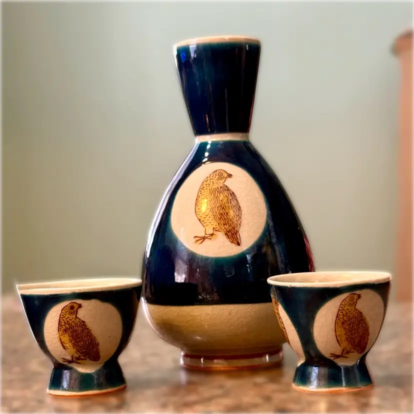 Vintage Kutani Ware Bird Motif Blue Ceramic Tokkuri Carafe w Two Ochoko Cups Sake Set (Japan)