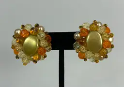 Vintage Orange Yellow Green Brown Plastic Bead Cluster Style Clip on Earrings Germany