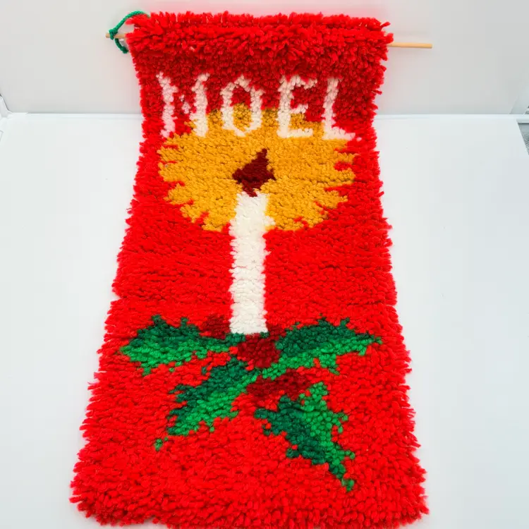 Long Noel Vintage Red, Green, and White Latch Hook Wall Hanging