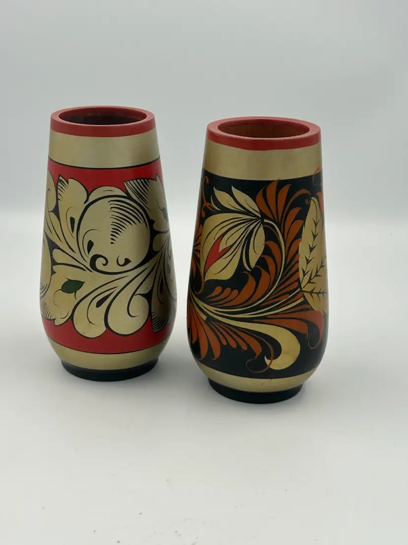 2 Vintage USSR Signed Vases Russian Folk Art, Wood Floral Design