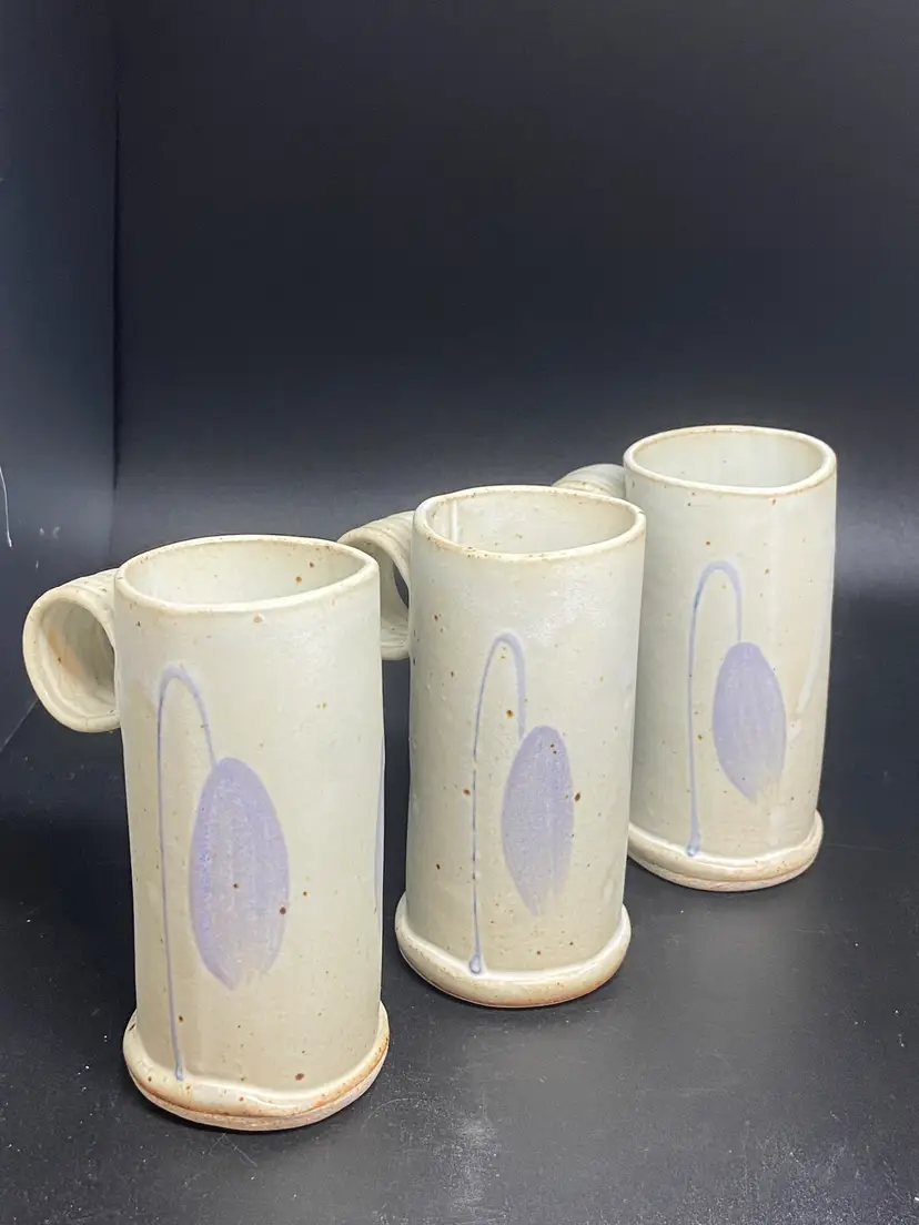 Art Pottery Mugs or Vase Decorated w/ Purple Flowers. Qty: 3