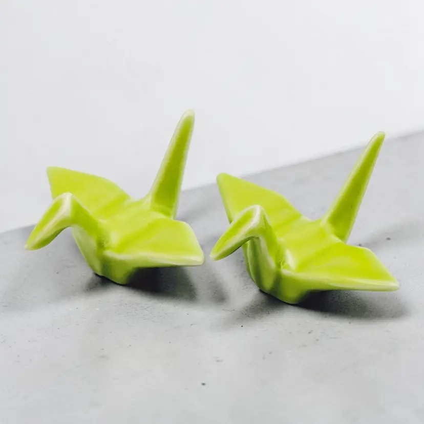 Pair Set of 2 Japanese Origami Light Green Ceramic Swan Chopstick Rests