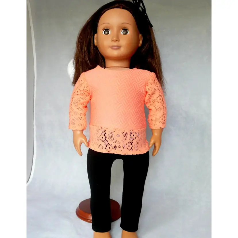 Handmade 18 inch Doll  Peach Orange Long Sleeve Lace Top Black Leggings Set Repurposed Girls Clothing