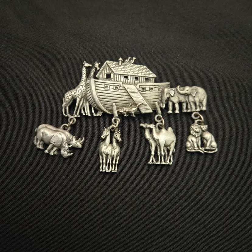 Jewelry Brooch JJ JONETTE Pewter Noah's Ark Dangling Animal Charms Lapel Pin 3" Vintage