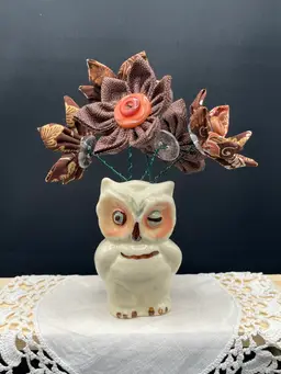 Made By Me Fabric And Button Flowers In A Winking Owl Shaker 6.5” X 4”