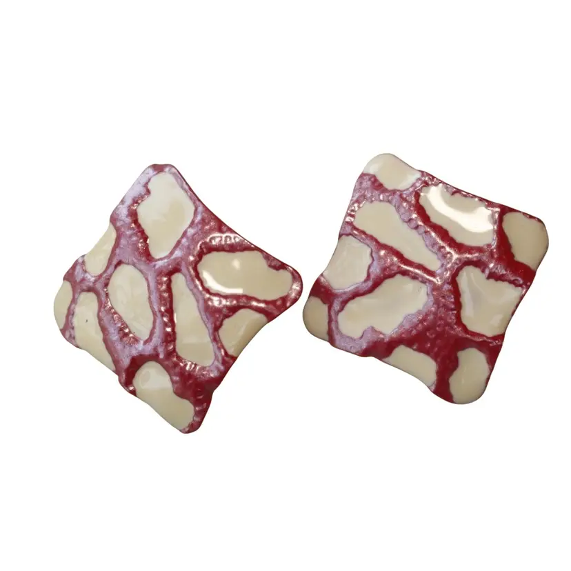Red Pink White Splotched Enamel Metal Square Post Earrings 1"
