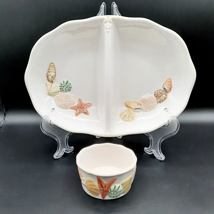 Seashell Beach Coastal Divided Serving Dish & Dip Bowl Ceramic Sandy Shore