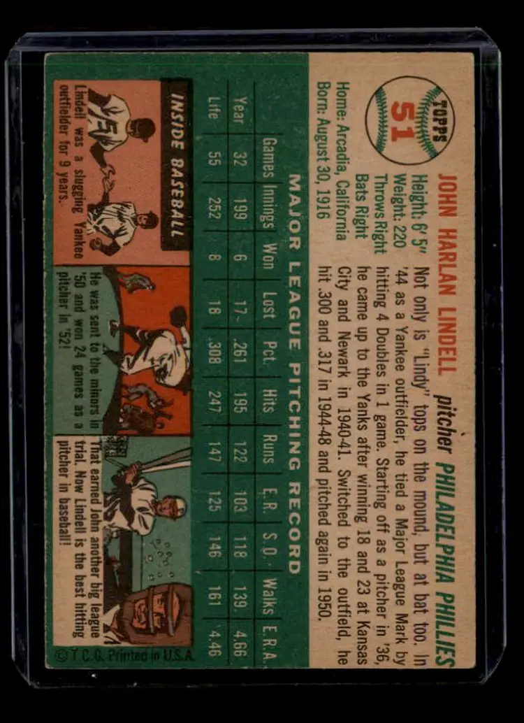 1954 Topps #51 Johnny Lindell - (pk-tl1) - Philadelphia Phillies
