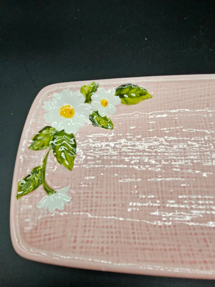 Shabby Chic I W Rice & Co Inc Pink Woven Daisies Vanity Trinket Tray Porcelain