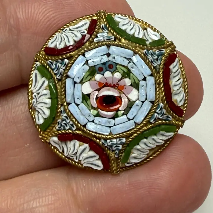 Round Micro Mosaic Brooch Pin Made in Italy Floral Rope Accent Vintage