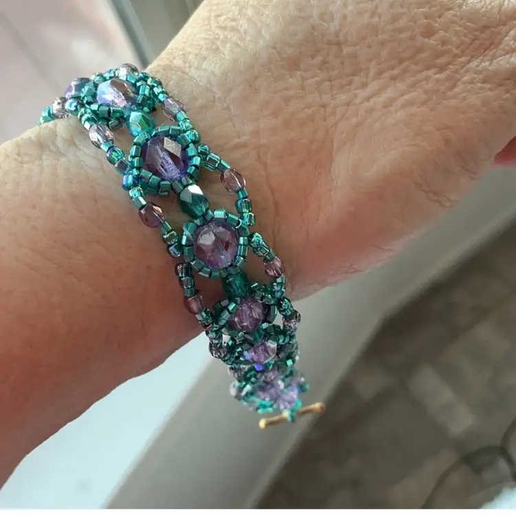 Purple Swarovski & Blue Crystal Bead Bracelet with Toggle Artisan Made 8”