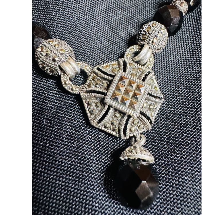 Vintage Faceted Black Glass Beads With 925 Sterling Silver Marcasite Pendant And Embellishments - Sterling Clasp - All Parts Tested 3x