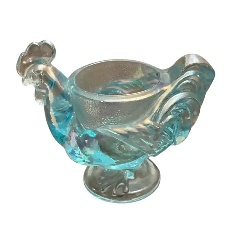 Vintage Imperial Glass Rooster Egg Cup In Iridescent Blue Carnival Finish 4” X 5”