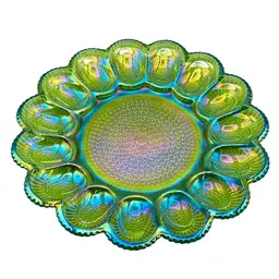 Vintage Indians Glass Carnival Green Egg Platter Serving Retro Glam Iridescent