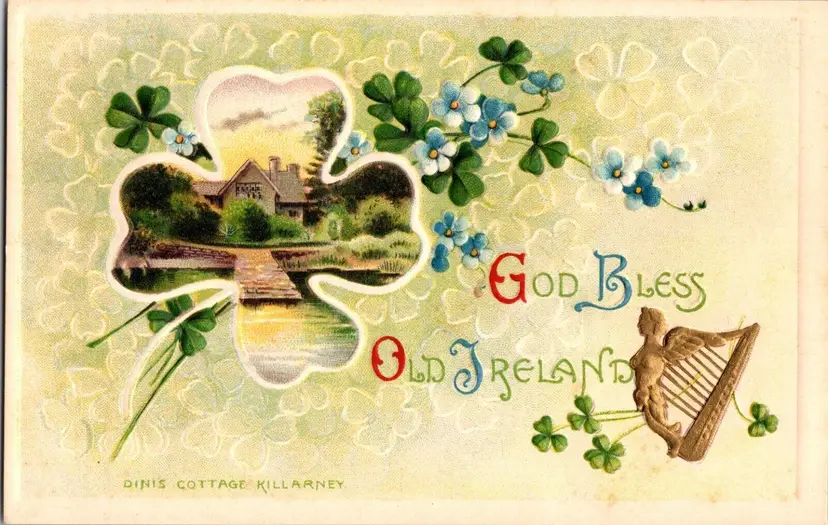 Postcard God Bless Old Ireland Dinis Cottage Killarney Ireland Four Leaf Clover