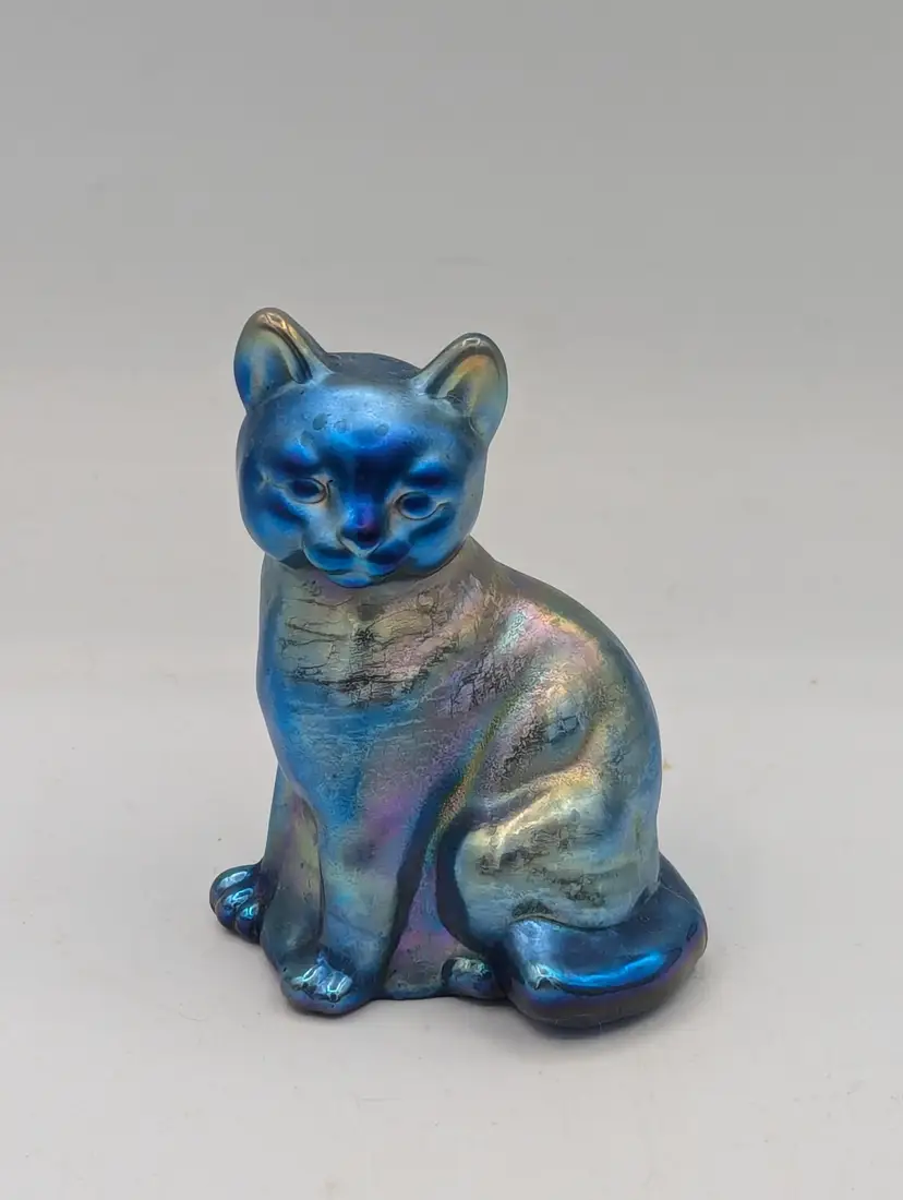 Fenton Favrene Sitting Cat Unpainted Blue Silver Gold Iridized VGC