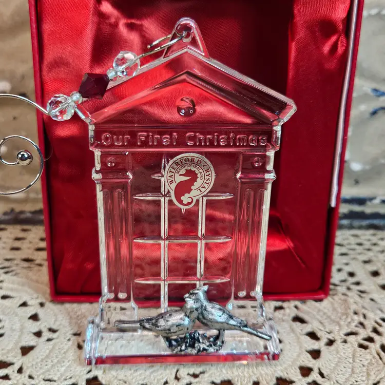 Waterford Crystal & Pewter Birds Our First Christmas Ornament Orig Box & Sticker