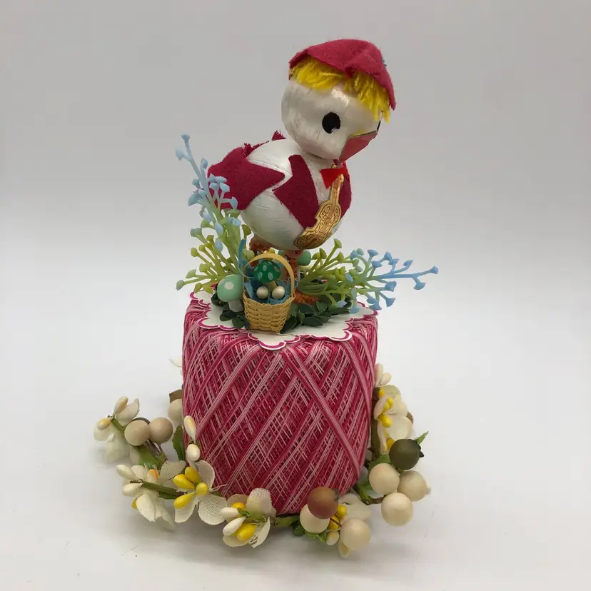 Handmade Easter Chick Assemblage on Variegated Pink Cotton Thread Spool w/ Vintage Flowers Candle Ring & Trims OOAK