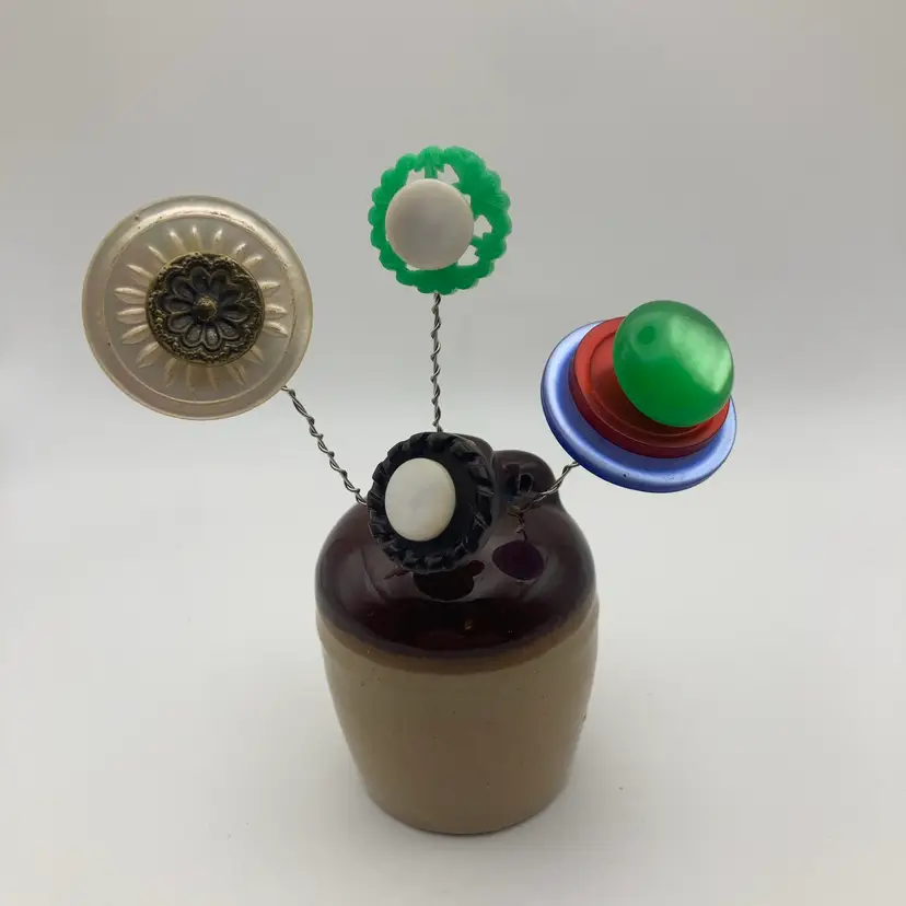 Buttons Bouquet! Handmade By Me! Vintage Buttons! 4” Tall! Pottery Jug Shaker!