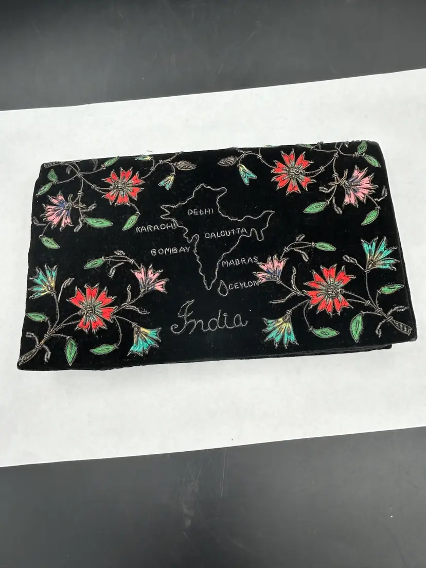 Vintage Jagat Narain 1950s Embroidered Velvet Clutch With A Map Of India