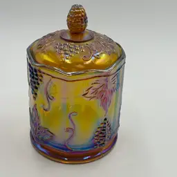 Carnival Glass Vintage Canister Biscuit Jar Iridescent  Amber Harvest Grapes