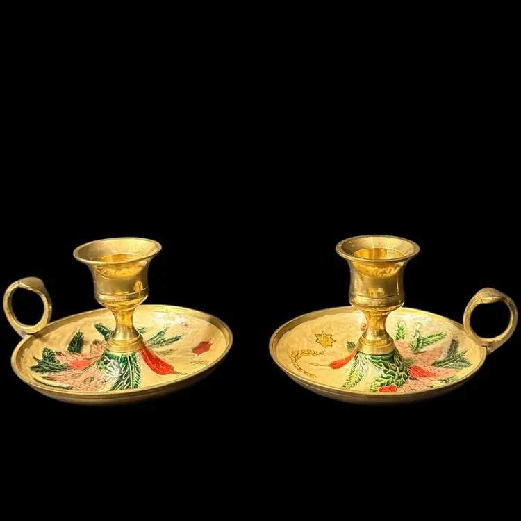 Set of Two Vintage Brass Cloisonné Chamber Stick Candle Holder Finger Loop Drip Tray Boughs With Pine Cones & Red Candle
3-3/8” T x 4-1/4” W