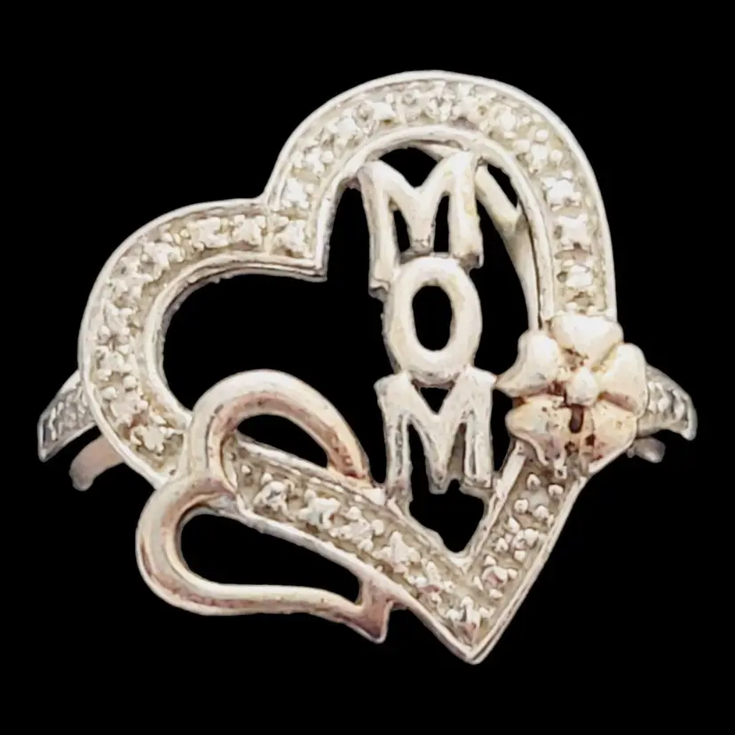 Vintage Sterling Silver 925 Heart Mom Diamond Accent Flower Ring Size 7