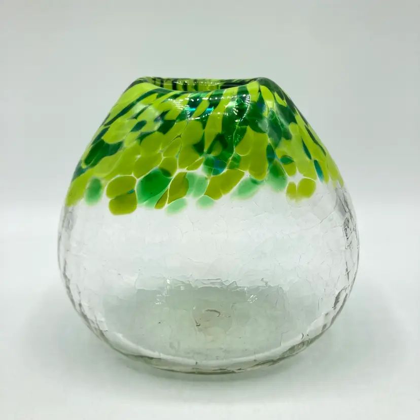 Hand Blown Art Glass Crackle Vase Green Confetti Artist Signed 2010 4 5/8" H