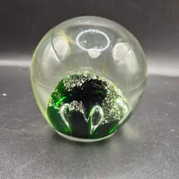 Handmade Glass Paperweight With Swirling Green & Silver Accents