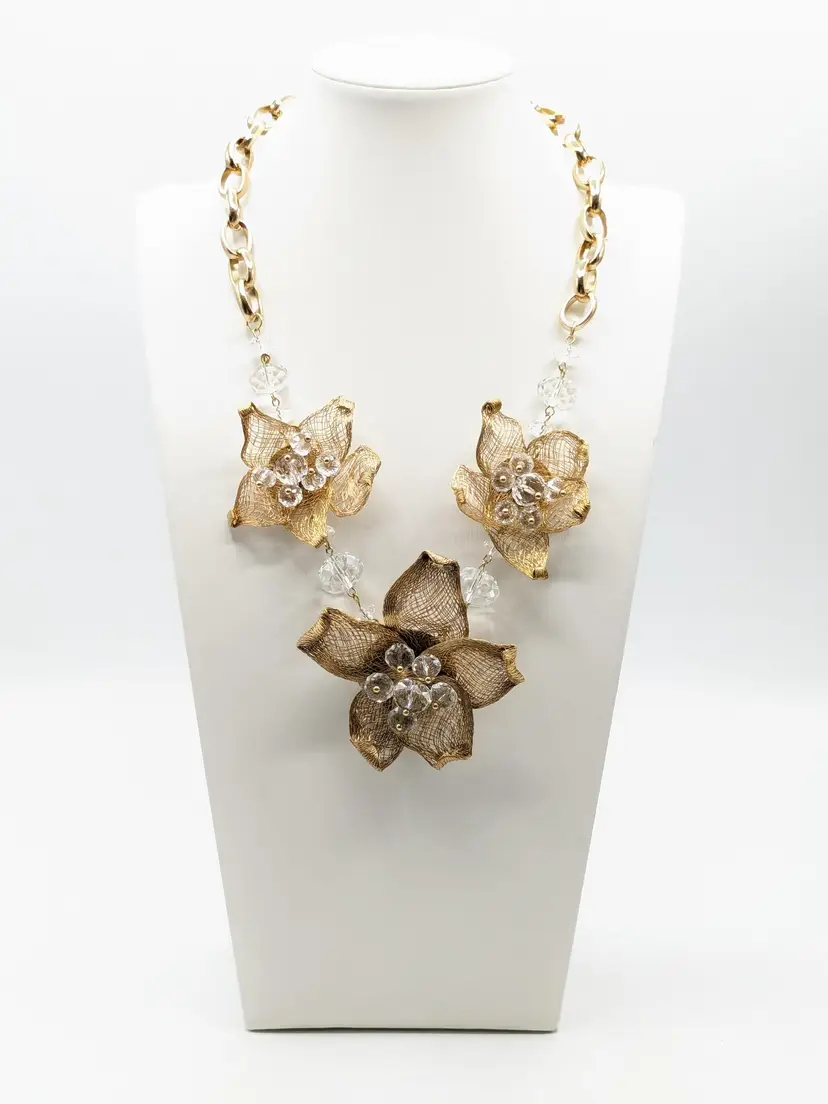 Gold Tone Wire Mesh Flower Necklace Faceted Clear Beads
