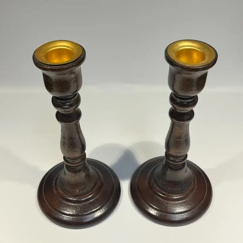 Pair of Vintage Wooden Candlesticks with Brass Insert – 6.75” Tall, 3.5” Base- Made in Taiwan