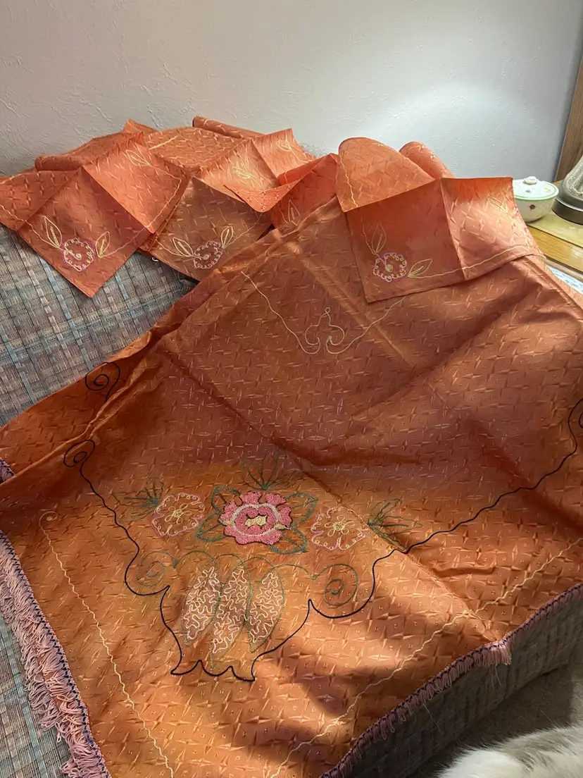 Rectangular Table Cloth and 6 Cloth Napkins. Beautiful Peach, Pinks, Greens, White, Yellows, & Black embroidery.