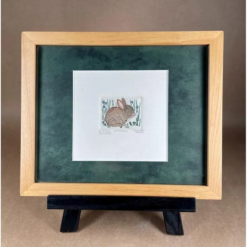 EASTER Mary Ellen Meuller "Cottontail" Rabbit Signed Wooden Framed Hand Colored 3/100 Artwork - Perfect For Easter