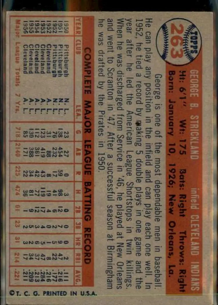 1957 Topps #263 George Strickland - ( pk1 ) - Cleveland Indians