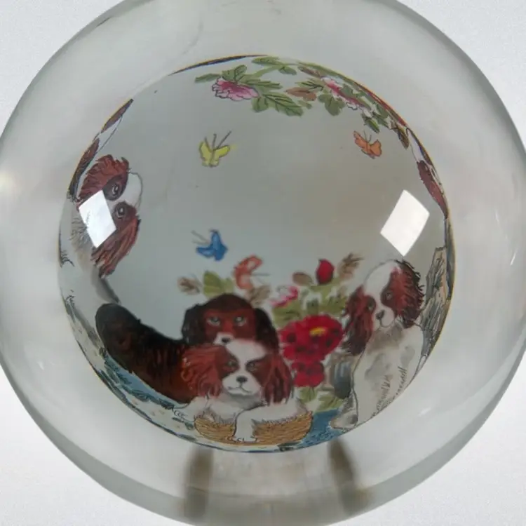 Vintage Chinese Reverse Hand-Painted Dogs & Butterflies Glass Orb Paperweight on a Brass Stand 4.5”