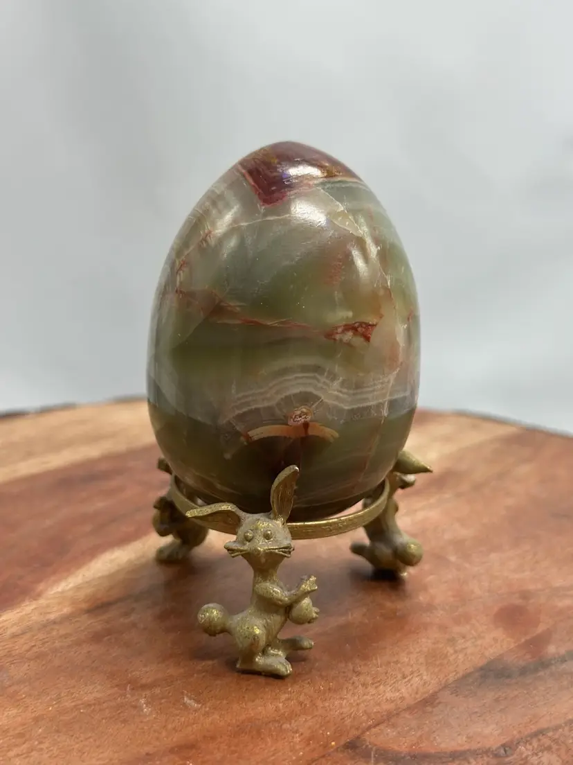 Vintage Solid Onyx 3” Polished Marble Swirl Green Egg w/Bunny Rabbit Brass Stand