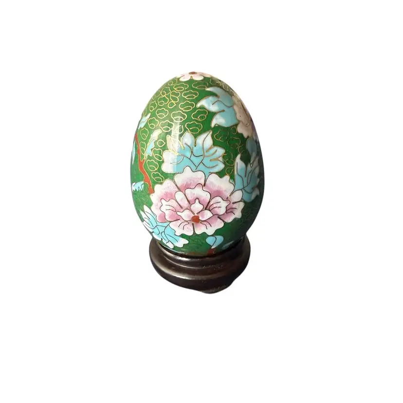 Chinese Cloisonnne Egg 4” Floral With Stand Green Gold Asian Decor