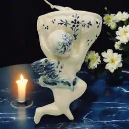 Vtg Holy Angel Cherub Holy Water Font Hand Painted Blue White Ceramic Wall Mount