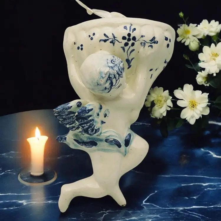 Vtg Holy Angel Cherub Holy Water Font Hand Painted Blue White Ceramic Wall Mount