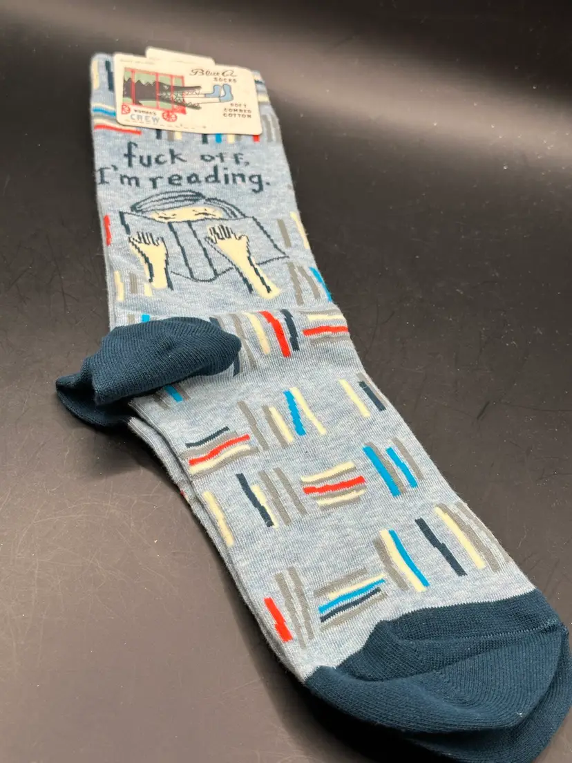 Womens Crew Socks "F@#k Off Im Reading" Blue Q Size 5-10 Cotton/Nylon Crew Heigh
