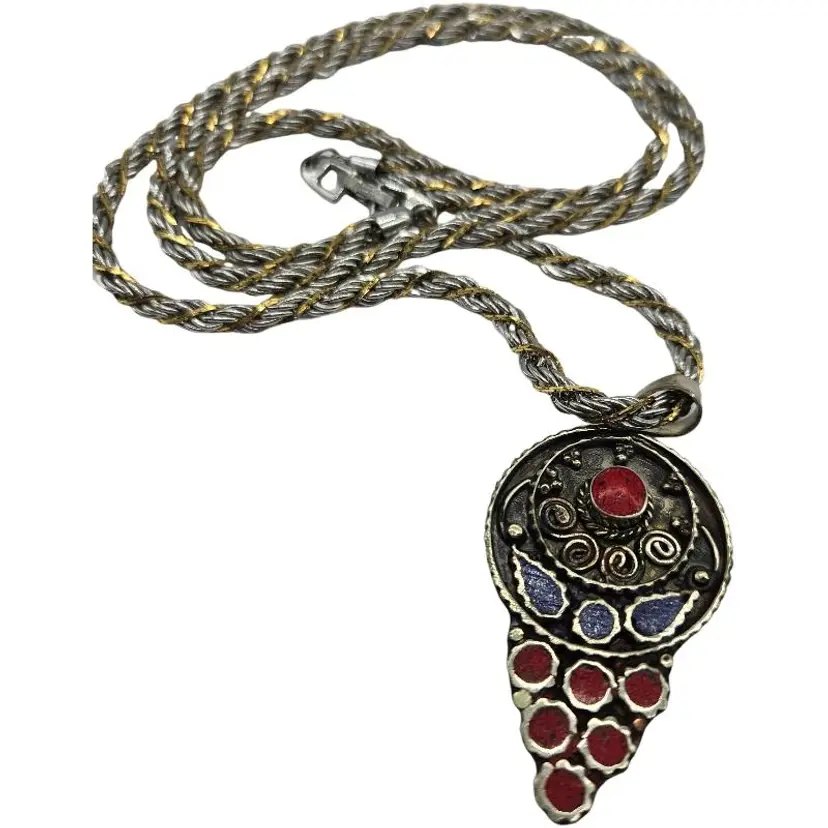 Vintage 16" Silver and Red Pendant Necklace