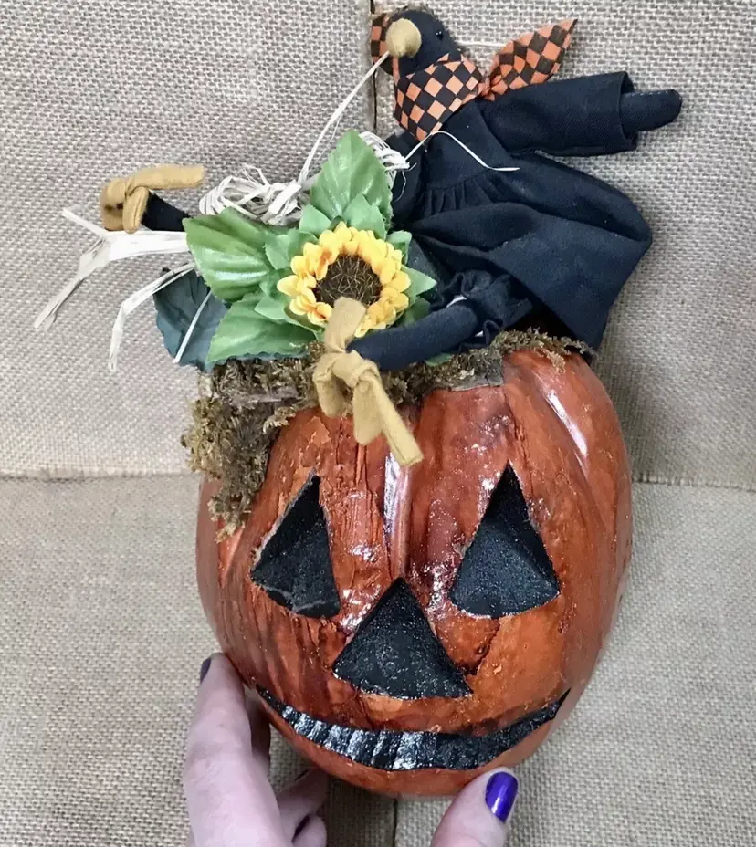 Vintage Hand Carved Gourd Jack O Lantern With Crow On Top Halloween Harvest
