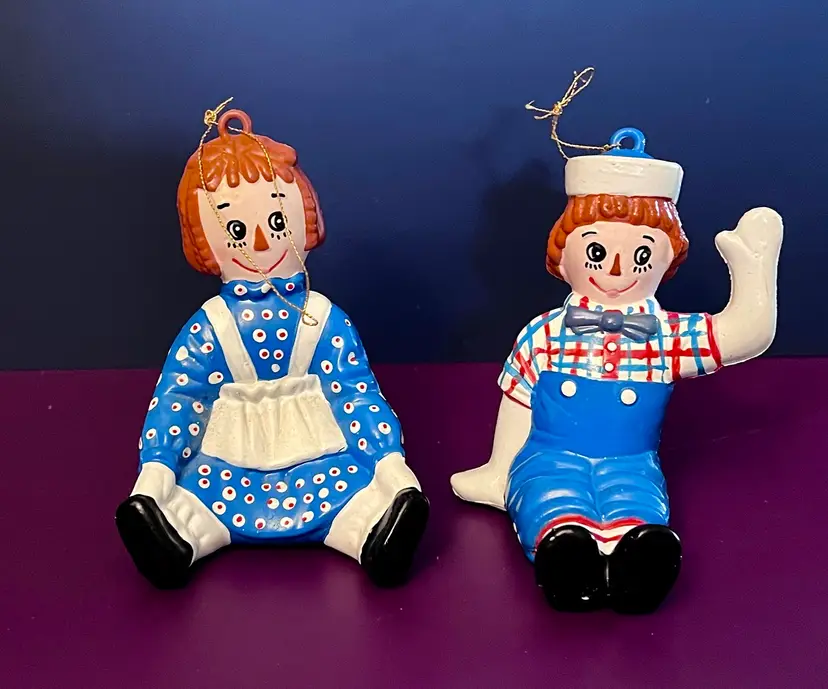 Vintage 1999 Simon And Schuster Plastic Raggedy Ann And Andy Ornaments 3”