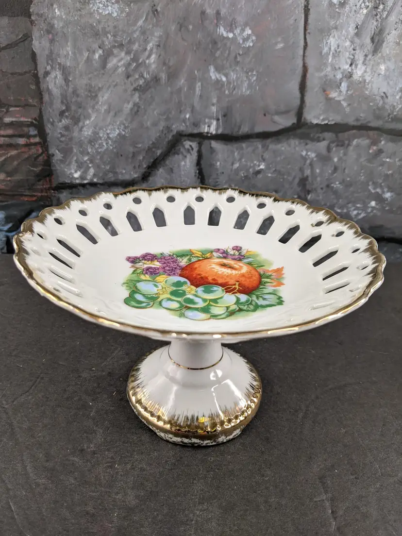 Napco China Footed Candy Fruit Bowl Compote Hand Painted Japan Reticulated VTG Tutti Apple Grapes Berries